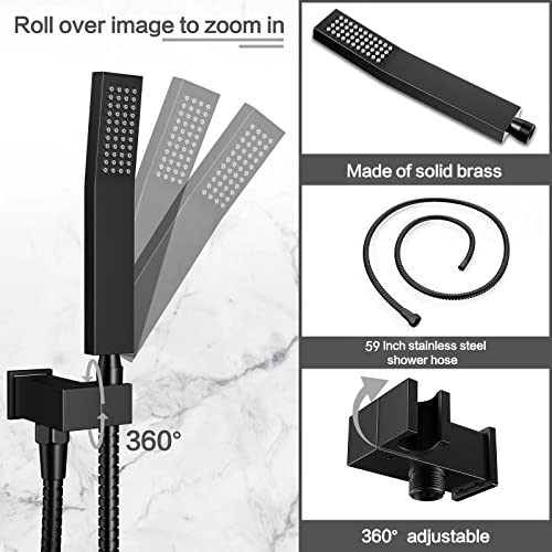 Matt Black Shower System Rain Faucet Set with Tub Spout, 12 inch | All-Metal Wall Mounted Bathroom Shower Faucet Set with Safe Pressure Balance Valve, Water Saving High Pressure Rainfall Head - color: Matte Black, style: 12in with Tub spout