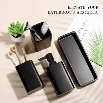 Bathroom Accessories Set, 4 Piece Toothbrush Holder Set, Matte Black | Bathroom Accessory Set with Soap Dispenser, Toothbrush Holder, Tumbler, Vanity Tray, Bathroom Sink Set for Modern Home Decor - style: Matte Black