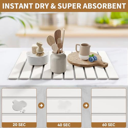 Foldable Stone Dish Drying Mat, 23.6"x15.3" Absorbent Quick Dry Board | Made of natural diatomaceous earth. Super absorbent mat for kitchen & bathroom countertops, drying dishes, cups & bottles.
