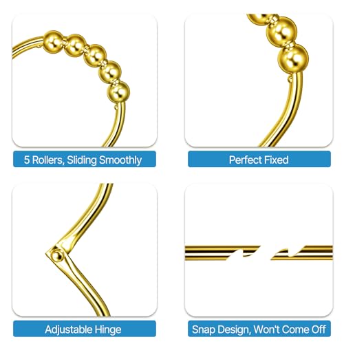 MENGJINGO 12PCS Wide Shower Curtain Hooks Rings, Rust Proof Stainless Steel | Heavy Duty Shower Hooks Rings for Bathroom Shower Rods Curtains Liners, Easy Glide Rollers, Set of 12, Gold - color: Gold