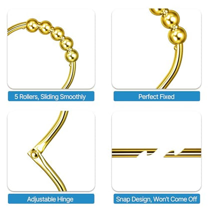 MENGJINGO 12PCS Wide Shower Curtain Hooks Rings, Rust Proof Stainless Steel | Heavy Duty Shower Hooks Rings for Bathroom Shower Rods Curtains Liners, Easy Glide Rollers, Set of 12, Gold - color: Gold