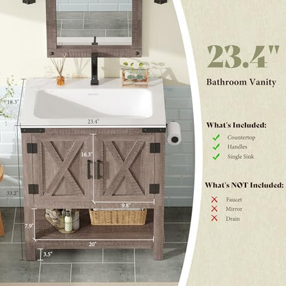 AMERLIFE 24" Gray Farmhouse Bathroom Vanity with Sink and Open Shelf | Light Gray, Single Solid White Integrated Top, Moisture-Resistant MDF, Barn Doors, Open Shelf, Paper Towel Holder - color: Light Gray, size: 24“