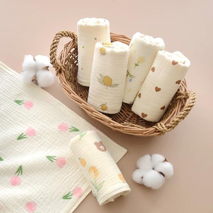 Baby Muslin Washcloths and Burp Cloths, Floral Pattern Cotton Face Towels, Burping Cloths for Newborn,6-Pack,10x20 inches