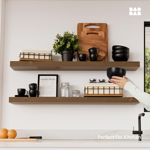 Solid Wood Floating Shelves for Wall 36 Inches Long, Walnut Wooden Shelf | Real Wood, Heavy Duty, Wall Mounted, Bedroom Bathroom Kitchen Living Room Rustic, Walnut Finish, 36W × 6.7D, Set of 2 - color: Walnut, size: 36 Inch