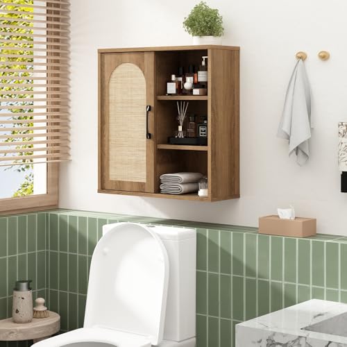 RUSTOWN Boho Rattan Bathroom Wall Cabinet with Sliding Door, Rustic Oak | Farmhouse Bathroom Cabinet, Adjustable Shelves, Over The Toilet Storage Cabinet, 3-Tier Wall Mounted Cabinets - color: Natural Oak