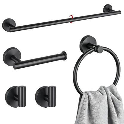 5 Pieces Matte Black Bathroom Accessories Set Towel Bar Set | 24 Inch Towel Racks Wall Mounted,Toilet Paper Holder,Towel Ring,2 Towel Hooks,Stainless Steel Bathroom Hardware Set - color: Matte Black