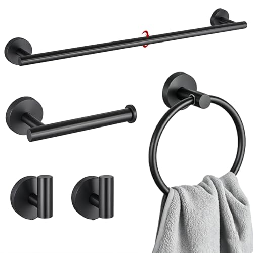 5 Pieces Matte Black Bathroom Accessories Set Towel Bar Set | 24 Inch Towel Racks Wall Mounted,Toilet Paper Holder,Towel Ring,2 Towel Hooks,Stainless Steel Bathroom Hardware Set - color: Matte Black