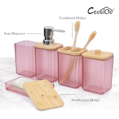 CERBIOR Bamboo Bathroom Accessories Set 7 Piece Bath Ensemble,Pink | Includes Soap Dispenser, Toothbrush Holder, Toothbrush Cup, Soap Dish for Decorative Countertop and Housewarming Gift - style: Pink