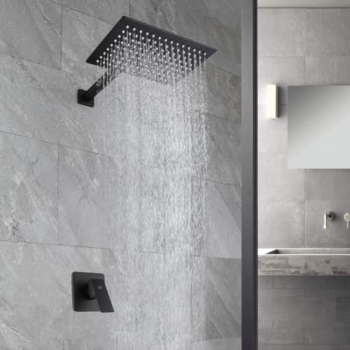 Matte Black Shower Faucet Set, Bathroom Rainfall Shower System with Stainless Steel Metal Showerhead, Single Function Shower Trim Kit with Rough-in Valve - color: Black, size: 12 Inch (Wall Mount)