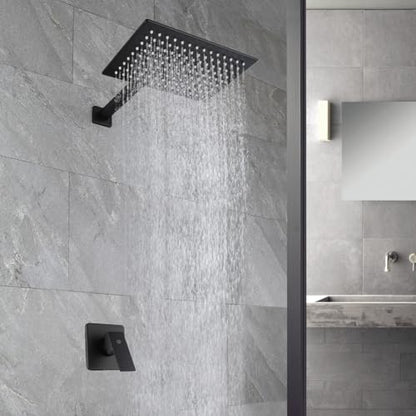 Matte Black Shower Faucet Set, Bathroom Rainfall Shower System with Stainless Steel Metal Showerhead, Single Function Shower Trim Kit with Rough-in Valve - color: Black, size: 12 Inch (Wall Mount)