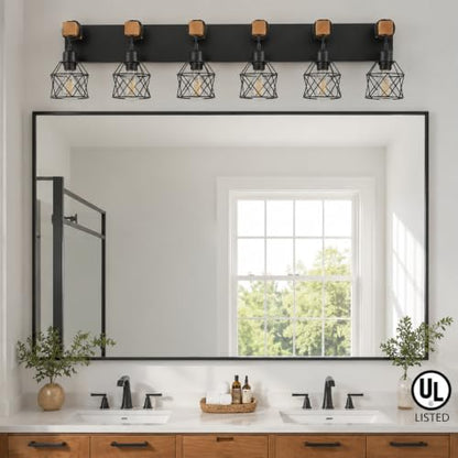 Farmhouse Vanity Light Fixture,6-Light Bathroom Lighting,Black Industrial Wood Wall Light Over Mirror with Metal Shade,LED Bulbs Not Included - color: Black, size: 6-Light-Wide 44"