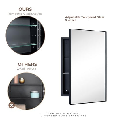 TEHOME Recessed Mount 16x26'' Squared Rectangle Silver Bathroom Medicine Cabinet with Mirror Silver Metal Framed Rectanglular Medicine Cabinet 2 Adjustable Glass Shelves - color: Sliver