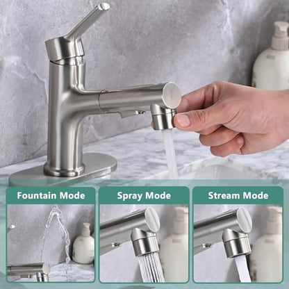Bathroom Sink Faucet with Pull Out Sprayer, Single Handle Modern Bathroom Basin Faucet with Pop-up Sink Drain Stopper & Deck Plate 1 or 4-inch Centerset 3 Hole, Brushed Nickel - color: Brushed Nickel