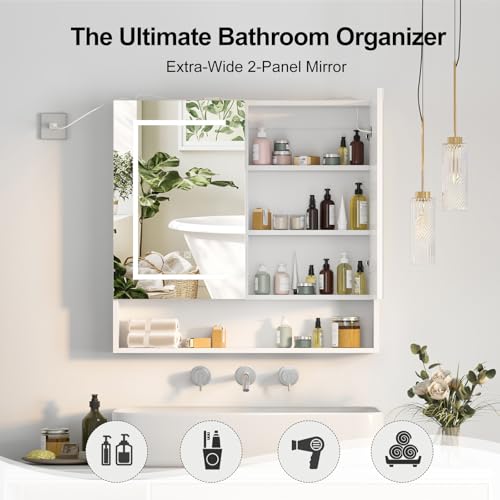 Lighted Medicine Cabinet with 2 Doors,Large Led Medicine Cabinet with Mirror,Anti-Fog, Wall-Mounted Bathroom Mirror with Storage,Brightness Adjustable,31.5" Wx30 H