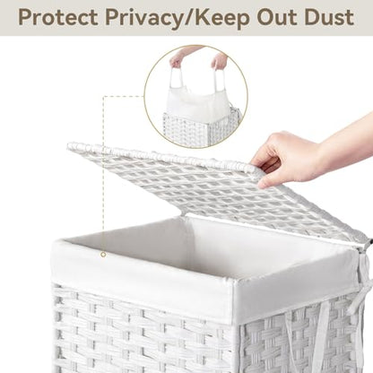 Chrislley Wicker Laundry Basket with Wheels,Rolling Laundry Hamper with Lid | 90L Slim Clothes Hamper with Wheels & Removable Liner Bag, Handwoven Rattan Laundry Organizer for Bedroom, Bathroom, White - color: White
