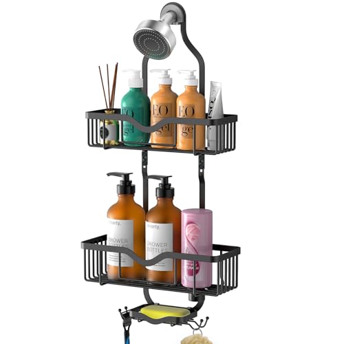 Shower Caddy Hanging, Bathroom Organizer Rack, Shower Rack with Soap Dish, Over The Showerhead Caddy with Hooks for Razor/Sponge, Matte Black (Assembly Required) - color: Matte Black