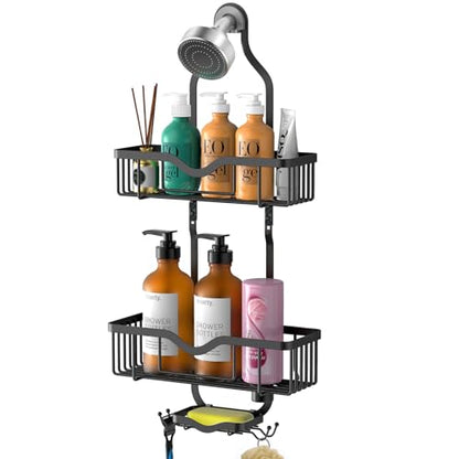 Shower Caddy Hanging, Bathroom Organizer Rack, Shower Rack with Soap Dish, Over The Showerhead Caddy with Hooks for Razor/Sponge, Matte Black (Assembly Required) - color: Matte Black