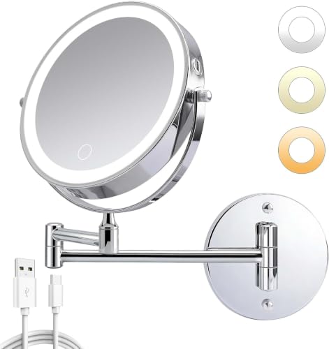 Wall Mounted Makeup Mirror with Lights, 8" Rechargeable 1X/10X Magnifying Mirror, 360° Swivel Extendable Arm, 3 Color LED (1, Chrome) - color: Chrome