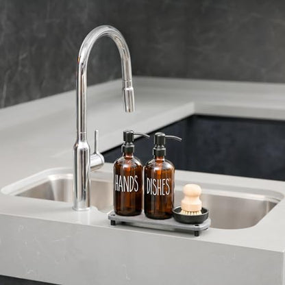 MOMEEMO Amber Glass Soap Dispenser Set Comes with Stainless Steel Pumps | Instant Dry Tray and Dish Scrub Brush, Suitable for Soap Dispenser for Kitchen Sink - color: Amber1