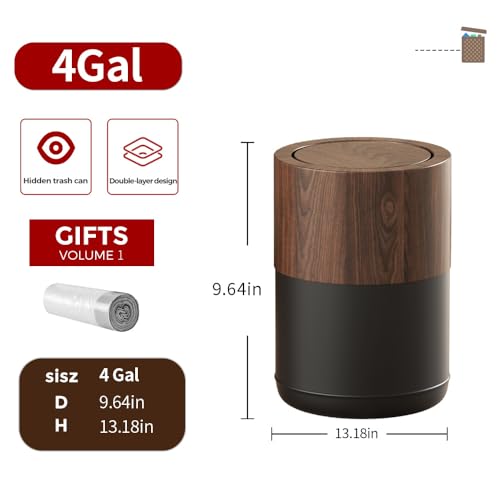 15L/4GAL Small Bathroom Trash Can with Swing Lid,Walnut | Modern Metal Waste Bin,Built-In Bag Holder,Swing Lid Trash Bin for Bathroom,Home,Office,Living Room - color: 4gal swing lid