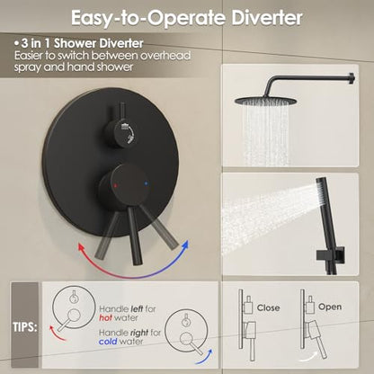 Gabrylly Shower System, 10" Wall Mounted Shower Faucet Set, Matte Black | Rain Shower Head with Handheld Spray Combo, All Metal Rainfall Shower Head Complete Set Shower Mixer Valve for Bathroom - color: Black