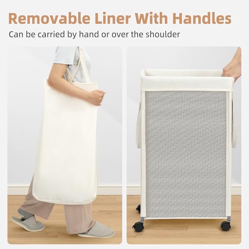 STORAGE MANIAC Laundry Hamper with Wheels, 90L (23.7 Gal) Large Tall Rolling Laundry Basket with Removable and Washable Liner Bag, Aesthetic Dirty Clothes Hamper for College, Dorm, Off-white
