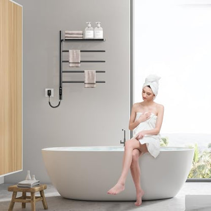 Swivel Heated Towel Rack, Wall Mounted Electric Towel Warmer Rack for Bathroom, 4 Round Bars Swivelable Towel Dryer with Tray, Towel Heater with Built-in Timer, for bathroom, Salons & Spas (G64 Black)