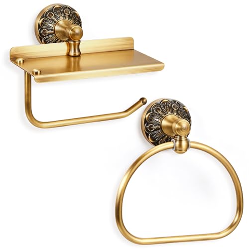 2 Pieces Set Antique Brass Toilet Paper Holder Retro Brass Hand Towel Ring Tissue Roll Paper Hanger Bathroom Hardware Wall Mounted Vintage Bathroom Accessories(Style 2) - style: Style 2
