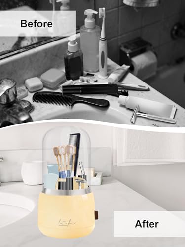 Covered Toothbrush Holder, 360° 7-Slot Rotating Draining Water, Beige | Toothbrush Bathrooms Organizer with Cover for Kids Electric Tooth Brush, Toothpaste, Razors, Cosmetic Brushes - color: Beige