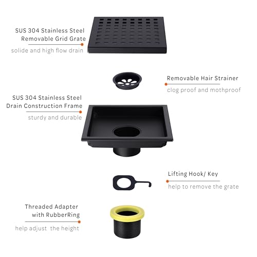 6 inch Stainless Steel Shower Floor Drain with Threaded Adapter, Removable Grid Cover, Black - color: Matte Black