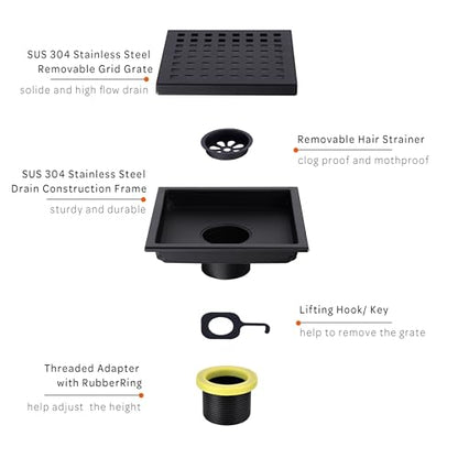 6 inch Stainless Steel Shower Floor Drain with Threaded Adapter, Removable Grid Cover, Black - color: Matte Black