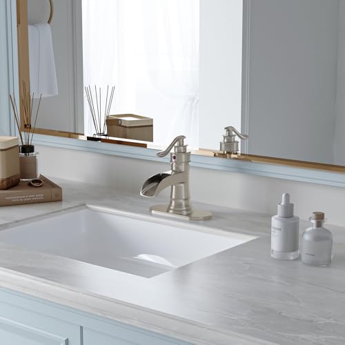 BWE Brass Brushed Nickel Waterfall Bathroom Faucet for Modern & Classic | Lead-Free, Wide Waterfall Spout, Ceramic Cartridge, Fits 1 or 3-Hole Sink, Single Handle, Handware Included, Easy Install - color: Brushed Nickel