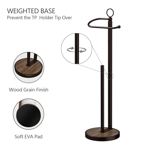 Toilet Paper Holder Free Standing with Storage 4 Rolls Stainless Steel Toilet Paper Holder Stand with Weighted Wood Grain Base Space-Saving Tissue Roll Holders for Bathroom Black & Bronze (Bronze)