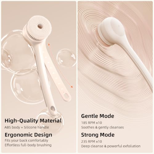Electric Body Brush, Back Scrubber for Shower with Long Dual Handle, Waterproof Power Shower Brush with 3 Interchangeable Heads & 2 Speeds for Cleansing, Exfoliating and Massage, Nude Pink - color: Nude Pink