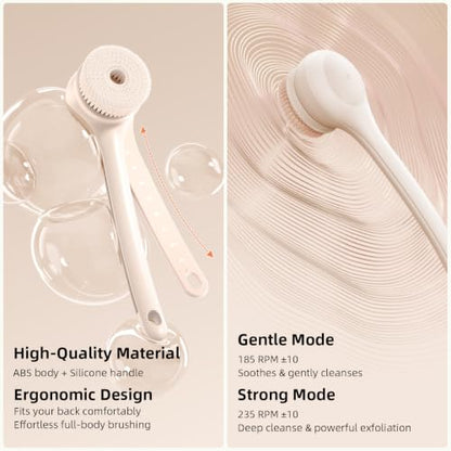 Electric Body Brush, Back Scrubber for Shower with Long Dual Handle, Waterproof Power Shower Brush with 3 Interchangeable Heads & 2 Speeds for Cleansing, Exfoliating and Massage, Nude Pink - color: Nude Pink