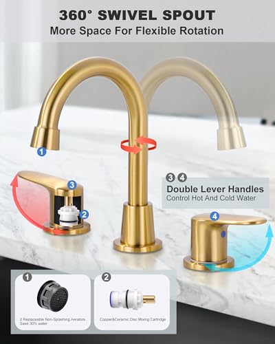 Bathroom Faucet 3 Hole Gold, 8 Inch Widespread Vanity Sink Faucets | Metal Zinc Alloy+ABS Gold Bathroom Sink Faucet with Swivel Spout, Two Handles Lead-Free Tap with Drain and cUPC Supply Line - color: Gold