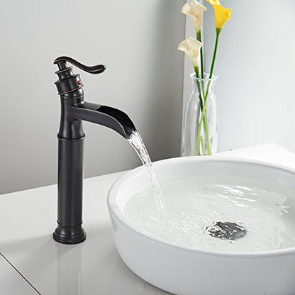 Oil Rubbed Bronze Waterfall Bathroom Sink Faucet Single Handle | Single-Hole Vessel Sink Faucet Deck Mount,with Pop Up Drain & Supply Lines,Drip-free Ceramic Cartridge,Farmhouse & Commercial - color: Oil Rubbed Bronze