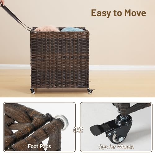Laundry Hamper with Wheels, 39.6 Gallon(150L) Rolling Laundry Basket with Lid, Removable Large 2 Color Liners & 3 Mesh Laundry Bags, Clothes Hamper with Side Pocket, Brown - color: Brown, size: 23.62"L x 15.75"W x 25.6"H