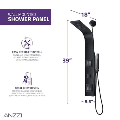 ANZZI Aura 2 Jetted Shower Panel With Heavy Rain Shower & Spray Wand | Easy Retrofit Design For Super Simple Diy Installation, Installs To Existing Water Line, Need Cut Walls Rework Plumbing