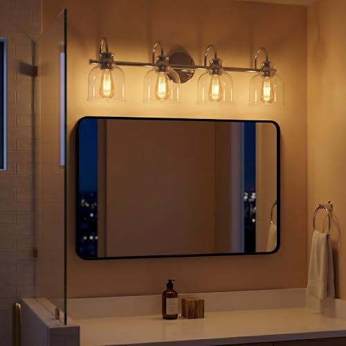 URSOLA 4 Lights 32" Bathroom Vanity Light Fixtures, Chrome Traditional Classic Vanity Light with Clear Glass, Bathroom Lighting Fixtures Over Mirror - color: Chrome, size: 4 Lights