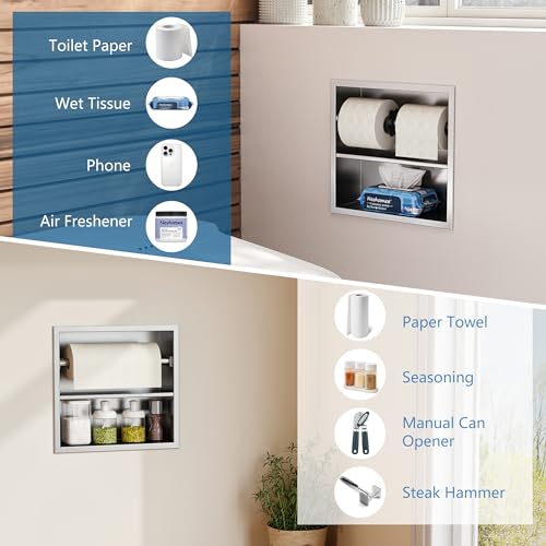 Neodrain Brushed Recessed Toilet Paper Holder,Double Layer,Wet Tissue | Space-Saving Wall Niche Cabinet Storage, Rustproof & Durable,For Bathroom, Kitchen & Vanity - color: Brushed