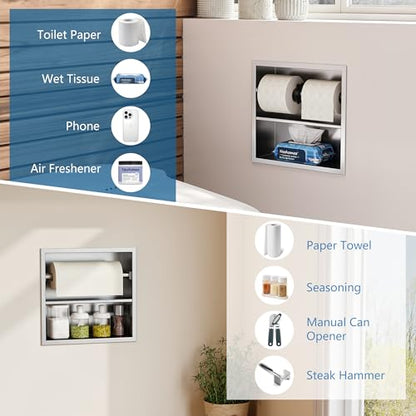 Neodrain Brushed Recessed Toilet Paper Holder,Double Layer,Wet Tissue | Space-Saving Wall Niche Cabinet Storage, Rustproof & Durable,For Bathroom, Kitchen & Vanity - color: Brushed