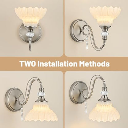 1 Piece Brushed Nickel Finish Wall Sconce, 1-Light Modern Wall Sconce with Hanging Crystal Accents and Flower-Shaped White Shades for Bathroom Bedroom Living Room,Modern Vanity Light - color: Nickel and White, size: 1-Light
