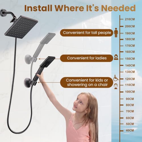 BRIGHT SHOWERS Rain Shower Head with Handheld Spray, 8 Inch Rainfall Shower Head Combo with 60" Hose, Adjustable Dual Square Showerhead Set with 3-Way Diverter, Wall Bracket, Oil-Rubbed Bronze - color: Oil Rubbed Bronze, style: Dual Shower Head