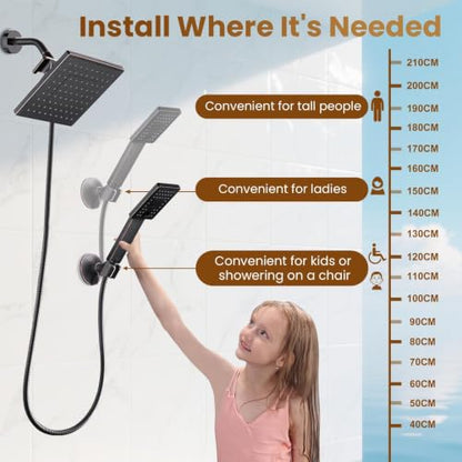 BRIGHT SHOWERS Rain Shower Head with Handheld Spray, 8 Inch Rainfall Shower Head Combo with 60" Hose, Adjustable Dual Square Showerhead Set with 3-Way Diverter, Wall Bracket, Oil-Rubbed Bronze - color: Oil Rubbed Bronze, style: Dual Shower Head