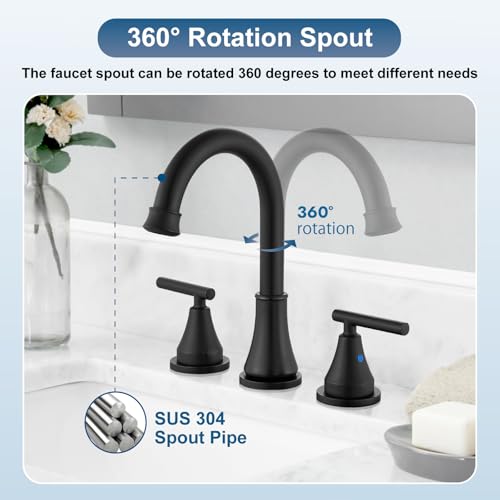 Widespread Bathroom Faucet 3 Hole, 8 inch Bathroom Sink Faucet with Pop-up Drain and Supply Lines, Two Handles, Stainless Steel, Matte Black - color: Matte Black