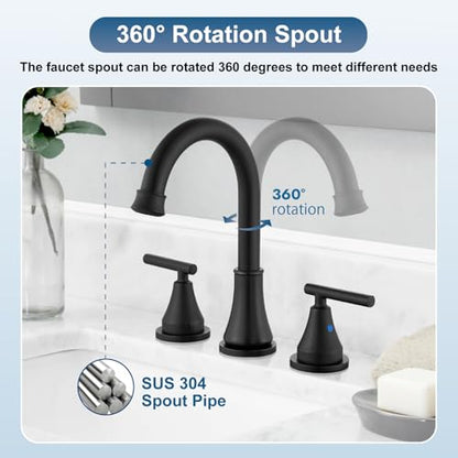 Widespread Bathroom Faucet 3 Hole, 8 inch Bathroom Sink Faucet with Pop-up Drain and Supply Lines, Two Handles, Stainless Steel, Matte Black - color: Matte Black