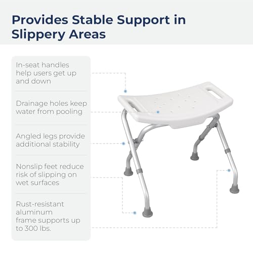Drive Medical 12486 Folding Shower Chair, Bath Bench with Drainage, White | Folding Shower Chair Includes Drainage Holes and In-Seat Handles, Supports Users Up to 300 Pounds, White