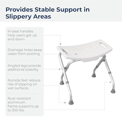 Drive Medical 12486 Folding Shower Chair, Bath Bench with Drainage, White | Folding Shower Chair Includes Drainage Holes and In-Seat Handles, Supports Users Up to 300 Pounds, White