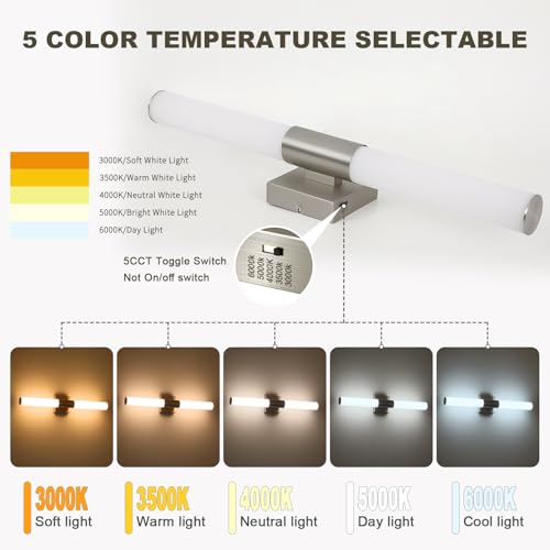 Brushed Nickel Bathroom Light Fixture 5CCT Dimmable 18W Led Bathroom Vanity Lights Over Mirror Modern Bath Lights for Mirror - size: 23.62 in-18W-5CCT